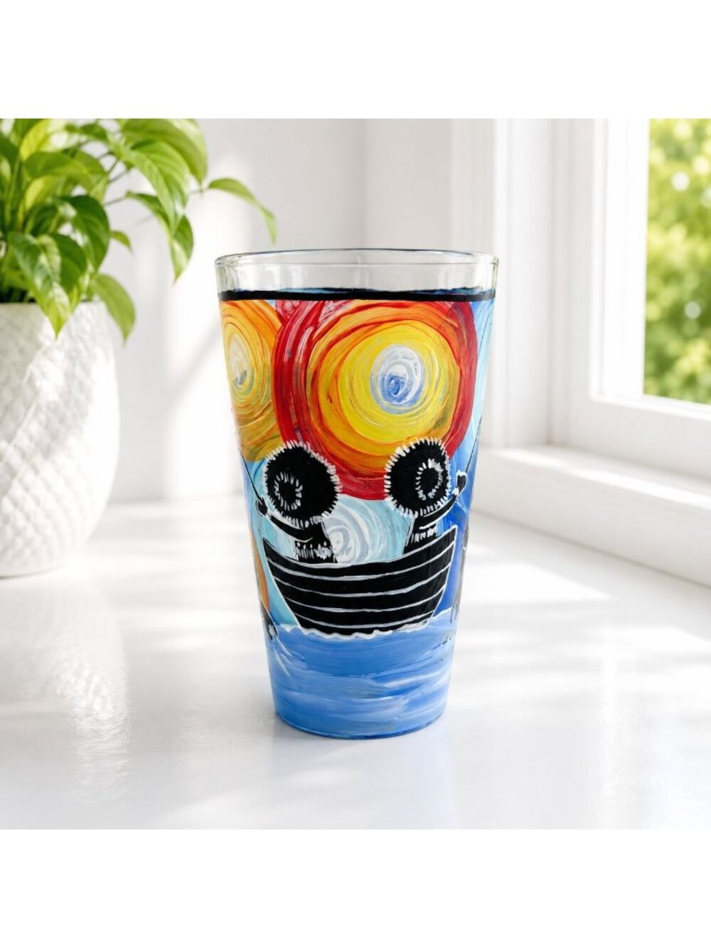 Signed Marcia Telep Hand-Painted Pint Glass Original Canadian Folk Art Colorful